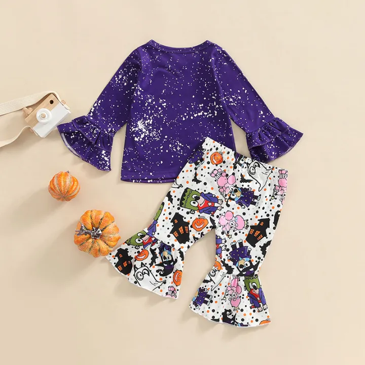 Toddler%20Girl%20Halloween%20Outfits,%20Cartoon%20Pattern%20Long%20Sleeve%20Ruffles%20Decor%20T-Shirt%20+%20Elastic%20Waist%20Flare%20Long%20Pants%20Set%20-%20Image%203