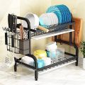 2-Tier Dish Rack Storage Box with Cutlery Knife Holder and Cutting Board Holder Anti-Rust Cutlery Drainer with Removable Drain Plate for Kitchen Counter Storage. 