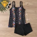 Quick Drying Bathing Suit Floral Print Plus Size Tankini Set for Women Quick Dry Bathing Suit with Skinny Swim Trunks 2pcs Set for Beach Look. 