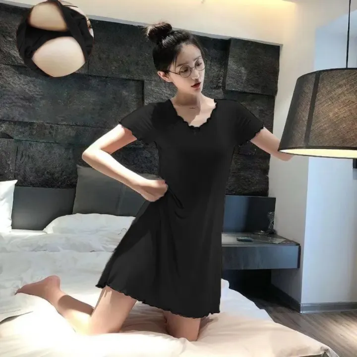 Pajamas%20Women's%20Summer%20One-Piece%20Short-Sleeved%20Dress%20with%20Chest%20Pad%20Mid-Length%20Student%20Cute%20Loungewear%20Can%20Be%20Worn%20outside%20-%20Image%205
