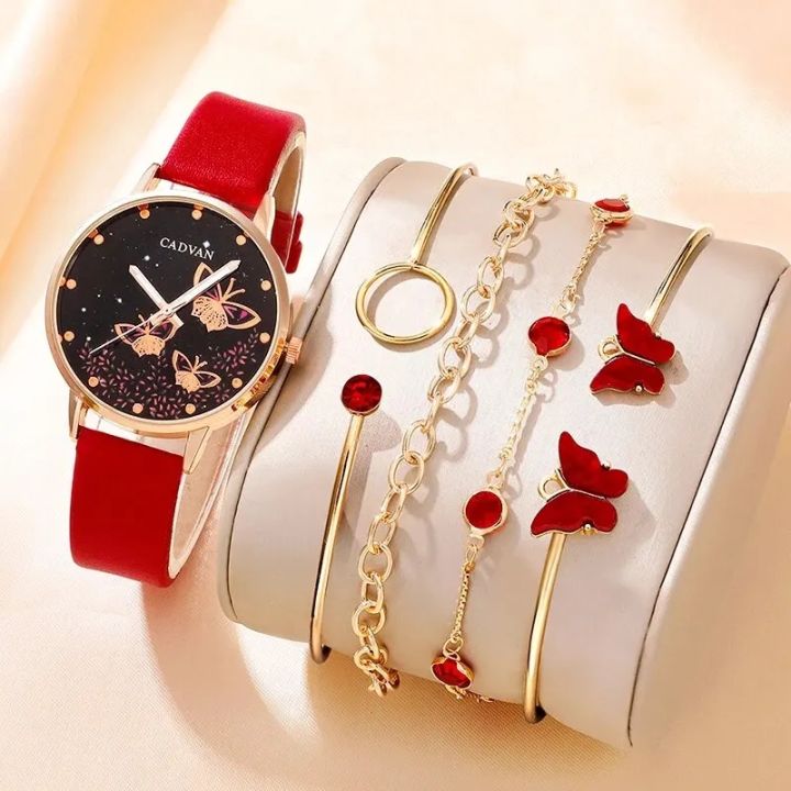 no box 5pcs Set Women Girls Red Color Watches Ladies Fashion Butterfly Watch New Simple Casual Womens Analog Wrist Watch Bracelet Gift no box Daraz.lk