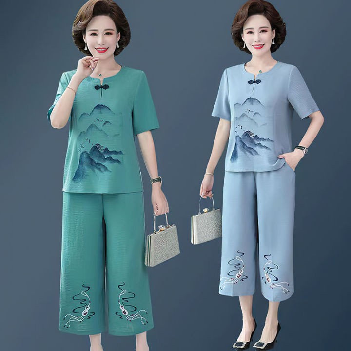 Mom Summer Clothes Cotton and Linen Suit Western Style Youthful-Looking 50-60 Middle-Aged and Elderly Women Loose Short Sleeve T T-shirt Top Two-Piece Set