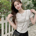 Fashionable Hot Girl Short T-shirt 2025 Summer New Style Back Hollow Design Slim Pleated Waist Short-sleeved Top. 
