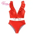 Muses Mall Lace-up Back Swimwear Set Stylish 2pcs Women's Bikini Set with Ruffle Stitching High Waist Swimming Trunks Quick Dry Swimsuit for Summer Beachwear Women High-waisted Bikini Set. 