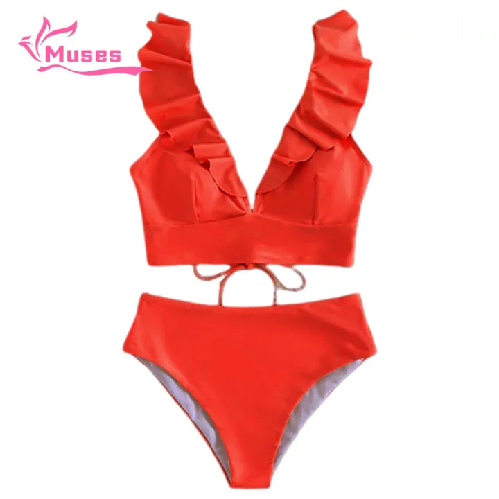 Muses Mall Lace-up Back Swimwear Set Stylish 2pcs Women's Bikini Set with Ruffle Stitching High Waist Swimming Trunks Quick Dry Swimsuit for Summer Beachwear Women High-waisted Bikini Set