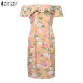 【ThinkWay】Korean Style Women Off Shoulder Floral Print Ruffle Long Dress Evening Holiday Casual Midi Dresses Plus KRS  #24-4. 