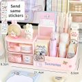 Ins Kawaii Desk Organizer Storage Box Cute Bear Handle Drawer Stationery Pen Holder Sticky Note Tape Storage Box Organizer Rack. 