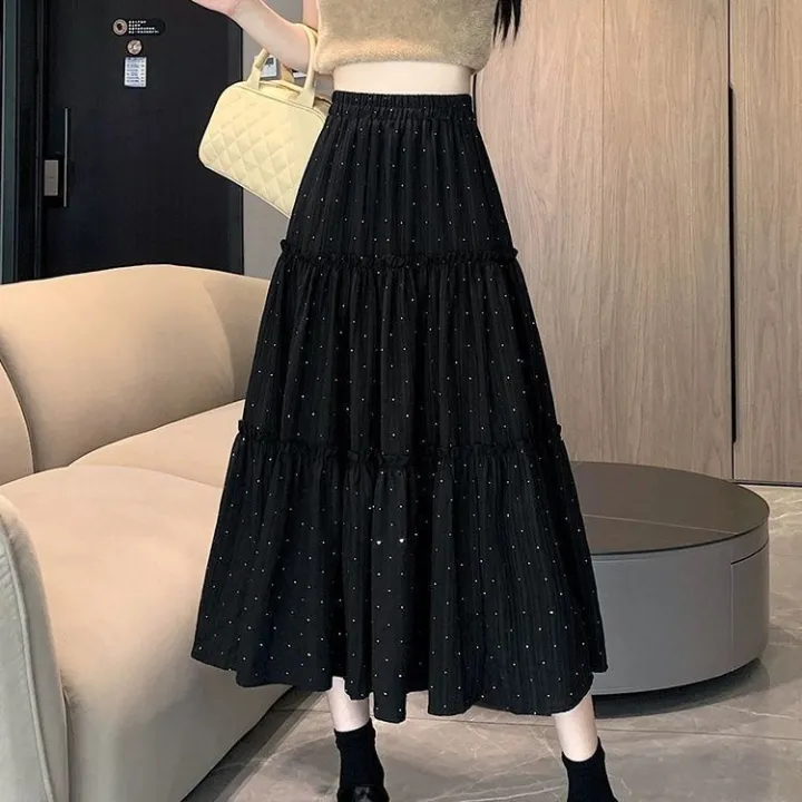 Summer%20New%20Korean%20Style%20High%20Waist%20A%20Word%20Cake%20Dress%20Design%20Sense%20Tree%20Fungus-like%20Lacework%20Patchwork%20Long%20Dress%20Rhinestone%20Skirt%20for%20Women%20-%20Image%203