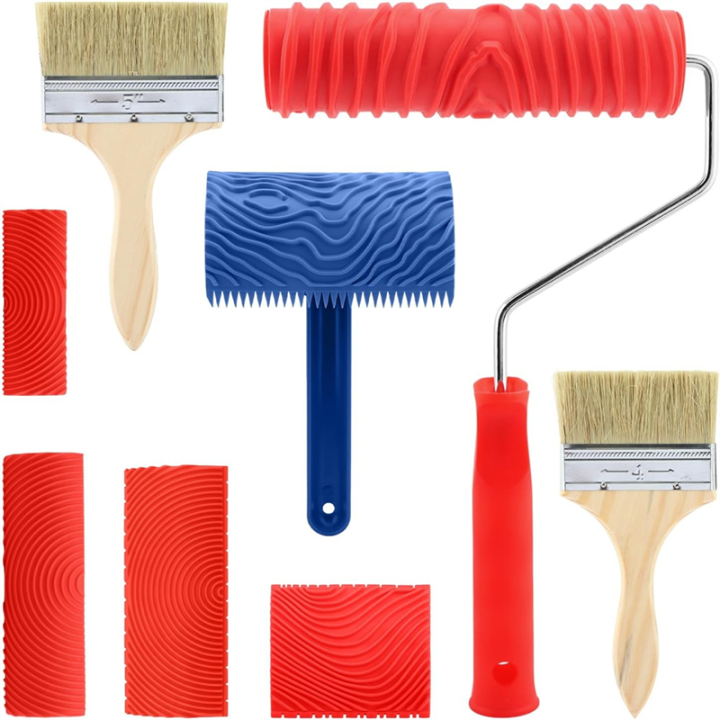 8 Pieces Wood Paint Tool Set, Texture Roller, Graining Rocker, Paint Brushes, for Floor, DIY Room Decoration