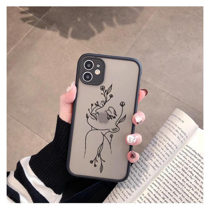 Line Art Sketch Flower Girl Protection Phone Case For iPhone 12 11 13 Pro MAX X XS XR SE 2 6s 7 8 Plus Hard Translucent Cover
