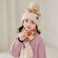 2Pcs/Set Winter Cute Pompom Children Hat Scarf Set Neck Warmer Woolen Knitted Scarf Cap Checkerboard Kids Beanie Caps Gifts. 
