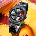 Binbond rotation wheel watch for man spinning rim hub quartz wristwatch male full black stainless steel Reloj rotating skeleton dial clock. 