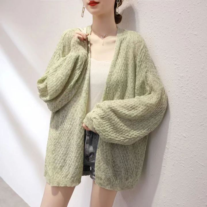 Sun Protection Clothing Thin Knitted Cardigan Spring and Summer Women's Clothing Fashion New Loose Korean Style Puff Sleeve Net Infrared Coat