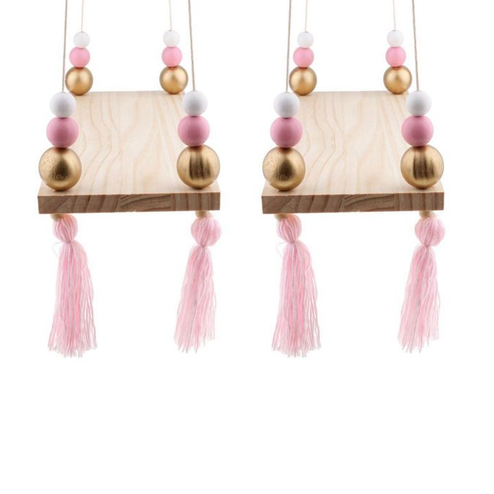 2X Wooden Wall Shelf Hanging Tassel Children Nordic Style Wall Frame - NO. 3