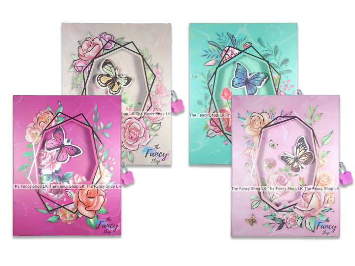 Notebook Diary Autograph Lockable 32k (13cmx19cm) Lock and Key System Colored Pages For Girls Cute 3D Butterfly Dark Design