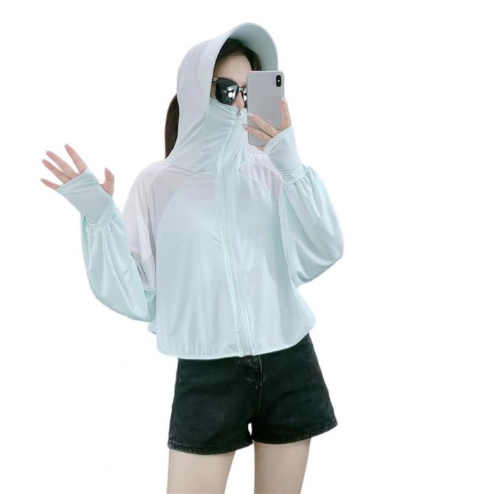 Patchwork Color Thumbhole Sunscreen Jacket Ice Silk Ultrathin Sun Protection Clothing Hooded Wide Brim Sunscreen Jacket