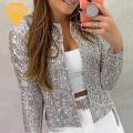 Women Sequin Jacket Sparkling Sequin Round Neck Cardigan for Women Elegant Long Sleeve Jacket for Commute Club Party Solid Color Open Stitch Design Women Coat. 