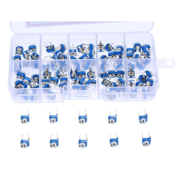KOGEEK 100pcs 10 Values 500~1M ohm Variable Resistor 6mm Potentiometer RM065 Preset Carbon Film Horizontal Trimmer Potentiometer Resistor Assortment Kit with Storage Box