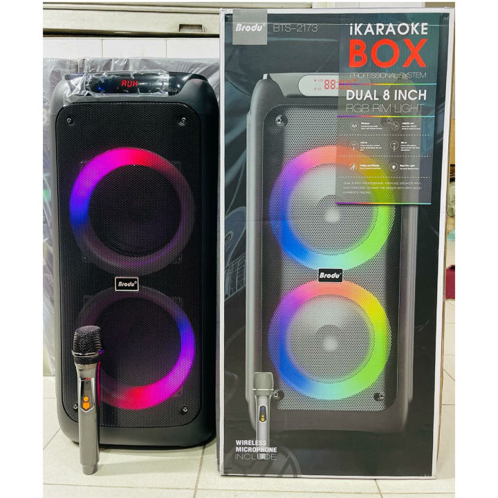 Brodu BTS-2173 Dual 8" Supper Bass Portable Wireless Bluetooth Speaker with Rechargable Wireless Mic RGB Light, FM Mic, FM, AUX, USB, SD Card, Karaoke Speaker with Dual Mic Buffel Subwoofer Music Player Party Box BTS 2173 Partybox