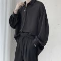 Black Long-sleeved Shirts Men Korean Comfortable Blouses Casual Loose Single Breasted Shirt With Tie. 