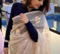Cuelo Navy Blue Long Sleeve Mock Neck Ribbed Saree Jacket For Women. 