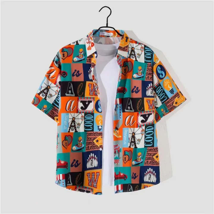 Yfashion Men Shirt Hawaiian Beach Style Cartoon Printing Lapel Short Sleeve Casual Cardigan Top color