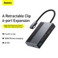 Baseus 6 in 1 Magic Multifunctional Type-C HUB with a Retractable Clip Standard Edition Space Gray (Type C to USB3.0*1 / HDMI*1 / 3.5MM Sterio *1 / SD & TF*1 / PD*1) – compatible with Tabs /Notebooks/Laptops 6 Months Warranty. 