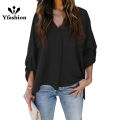 Yfashion Women Summer Loose Shirt V Neck Long Sleeve Roll Up Sleeve Solid Color Tunic Tops Business Casual Shirts Work Tops. 