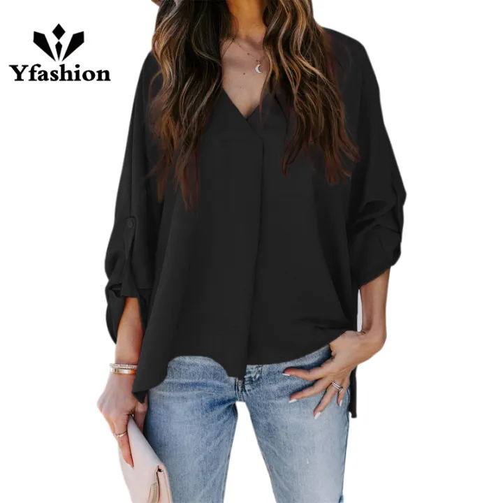 Yfashion%20Women%20Summer%20Loose%20Shirt%20V%20Neck%20Long%20Sleeve%20Roll%20Up%20Sleeve%20Solid%20Color%20Tunic%20Tops%20Business%20Casual%20Shirts%20Work%20Tops%20-%20Image%209