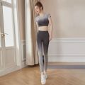 Yoga Clothes Two-Piece Suit Women's Gradient Tight Stretch Sports Top Short Sleeve Women's Hip Lifting Running Workout Outfit. 