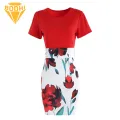 Women Printed Dress Floral Print Slim Fit Summer Dress for Women Knee Length Round Neck Short S ve Commute Dress Women Dress. 