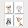 Animals Floral Crown Art Decor Canvas Painting , Baby Girl Prints Animal Giraffe Elephant Lion Wall Art Picture Nursery Poster. 