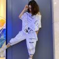 High-End Summer New Fashion Wear 2023 Korean Style Belly-Covering Slimming Casual Sports Denim Cropped Pants Suit. 