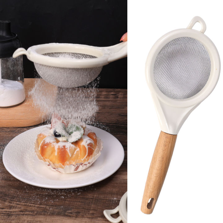 Wooden Handle Fine Mesh Flour Sieve Stainless Steel Powdered Sugar Fruit Juice Soy Milk Filter Net Spoon Kitchen Baking Tools 1Pcs