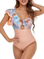 Women One-piece Bikini Swimsuit Floral Print One Shoulder Ruffled Sleeveless Backless Bodysuit Beachwear. 