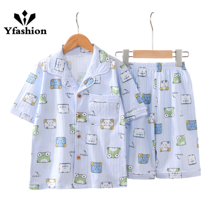 Yfashion 2pcs Children Air-conditioning Homewear Set Cartoon Printing Short Sleeves Tops Shorts Pajamas Suit For Boys Cotton Girls