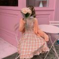 New Spring and Summer Sweet Pink Plaid Strap Dress for Women Summer Fresh Student Dress Korean Style Girl. 