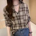 RD Spring Lady Long Sleeve Irregular Plaid Blouse Stylish Lapel Loose Causal Shirt. 