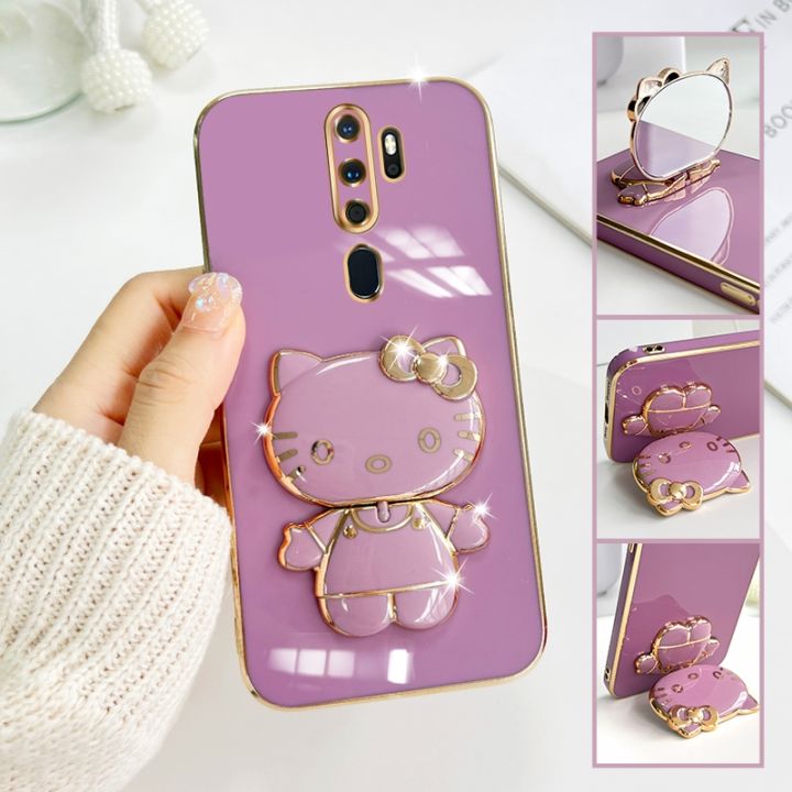FELMYST Hello Kitty Holder Case For OPPO A9 2020/A5 2020 Fashion Cute Cat Mirror Brand Luxury Stand Mobile Phone Casing Square Girl Boy Men Gift Shockproof Back Soft Cover