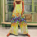 Yfashion Women Cotton Jumpsuit Fashion Printing Boat Collar Sleeveless Strap Rompers Loose Wide-leg Jumpsuits color. 