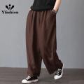 Yfashion Women Cotton Loose Wide-leg Pants Casual Cotton Linen Simple Solid Color Trousers Mid-waist Large Size Thin Pants. 