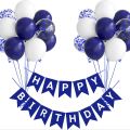 Navy Blue Happy Birthday Banner 30 pcs (10 pc White 10pc Royal Blue 5pc Confetti 5pc Metalic chrome) Latex Balloon and Banner for Boys Girls Birthday Party Decorations. 