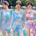 Yfashion 3pcs Women Cotton Bikini Set With Long Sleeves Sunscreen Cover-up Sweet Printing Sleeveless Tops Shorts Suit. 