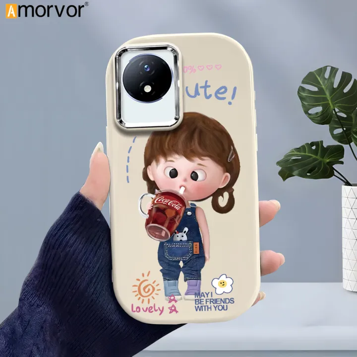AMORVOR%20Case%20for%20Vivo%20Y02%20Y02A%20Y02T%20Cute%20The%20Little%20Girl%20Drinks%20Cola%20Back%20Cover%20Pattern%20Luxury%20Plating%20Metal%20Lens%20Soft%20Liquid%20Silicone%20Case%20-%20Image%202