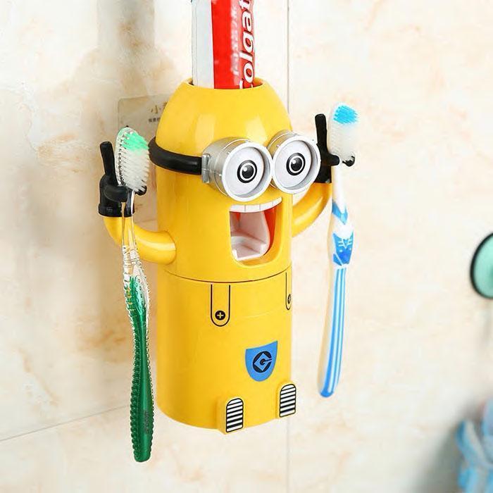 Minion Toothpaste Dispenser - Kids Toothbrush Holder - Minion Stickers Enclosed