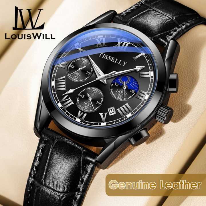 LouisWill Waterproof Genuine Leather Strap Quartz Casual Watches for Men with Calendar