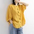 bellylady Summer Lantern Sleeve Tops For Girls Students Solid Color Cotton Linen Blouse Round Neck Pullover Shirt. 