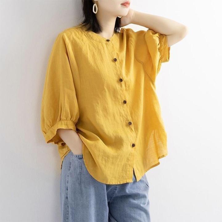 bellylady Summer Lantern Sleeve Tops For Girls Students Solid Color Cotton Linen Blouse Round Neck Pullover Shirt