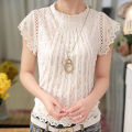 Yfashion Fashion Lace Shirt For Women Cotton Short Sleeves Round Neck Pullover Tops Sweet Solid Color Slim Fit Blouse. 