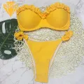 Two-piece Swimsuit Flirty Ruffle Trim Bikini Set with Push Up Bra Trendy Split Design Swimsuit for Women Mid-rise Briefs Bathing Suit 2pcs/set. 